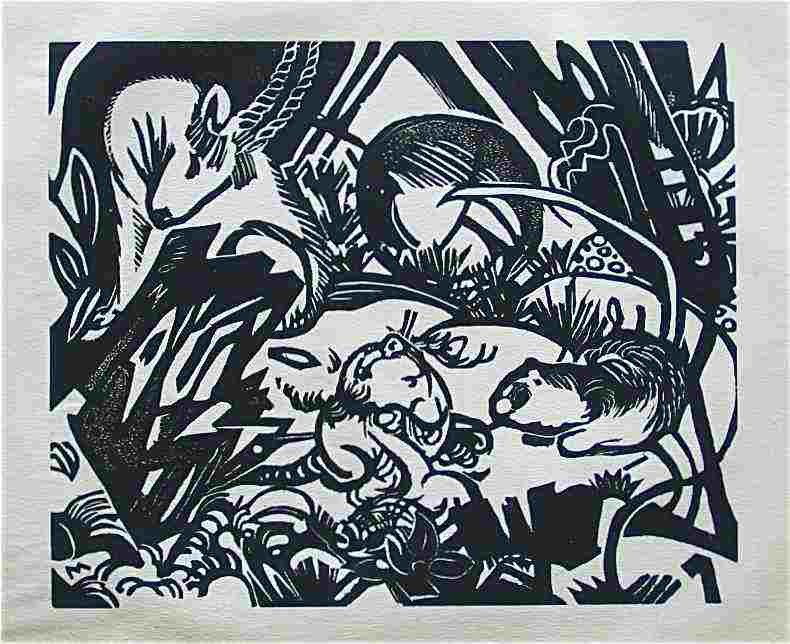 FRANZ MARC WOODCUT "AUS DER TIERLEGENDE": FRANZ MARC "AUS DER TIERLEGENDE" (LEGEND OF THE ANIMALS); MEDIUM: ORIGINAL WOODCUT. CATALOGUE REFERENCE LANKHEIT 831-3. PUBLISHED IN 1919 FOR GENIUS. IMAGE SIZE: 7 3/4 X 9 1/2 INCHES (198 X 240MM) - P