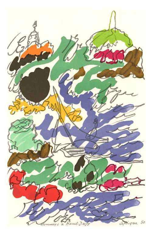LAPICQUE LITHOGRAPH "HOMAGE TO DUFY": LAPICQUE LITHOGRAPH "HOMAGE TO DUFY". CHARLES LAPICQUE WAS ONE OF THE ARTISTS WHO CONTRIBUTED COMPOSITIONS TO MARCELLE OURY'S "LETTRE À MON PEINTRE" IN HOMAGE TO RAOUL DUFY. THIS LITHOGRAPH WAS PRINT