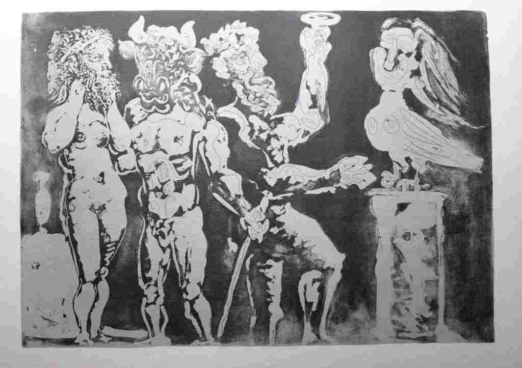 VINTAGE 1956 PICASSO LITHOGRAPH: PABLO PICASSO "TWO MEN WITH MINOTAUR AND SCULPTURED BIRD" - FIRST EDITION LITHOGRAPH AFTER THE SUITE VOLLARD ETCHING - PRINTED IN 1956 - PUBLISHED BY HARRY N. ABRAMS / NEW YORK - PRINTED IN GERMANY - 