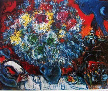 CHAGALL LIMITED EDITION LITHOGRAPH: MARC CHAGALL "BOUQUET DE FLEUR ET AMANTS" - LIMITED EDITION LITHOGRAPH ON QUALITY ARCHIVAL PAPER - NUMBERED IN PENCIL - SIGNED IN THE PLATE - UNFRAMED - APPX 32" X 22" - MINT