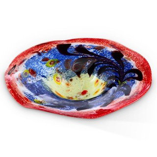 ART GLASS BOWL - UNIQUELY HAND CRAFTED: ART GLASS BOWL - UNIQUELY HAND CRAFTED - 3.5"H x 15"DIAMETER - BLUE & RED TONES