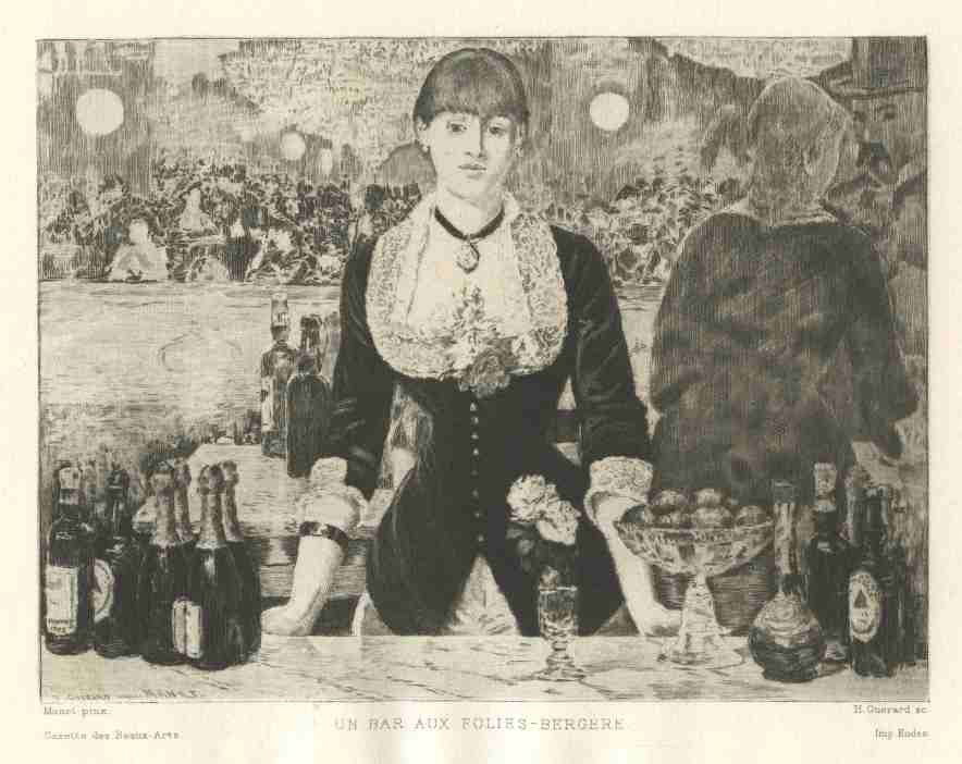 EDOUARD MANET ETCHING: EDOUARD MANET ETCHING "AU BAR AUX FOLIES-BERGERES" - ETCHED BY FRENCH ARTIST HENRI GUERARD (1846-1897) AFTER THE MANET PAINTING. PRINTED IN PARIS BY EUDES ON WATERMARKED LAID PAPER AND PUBLISHED IN 18