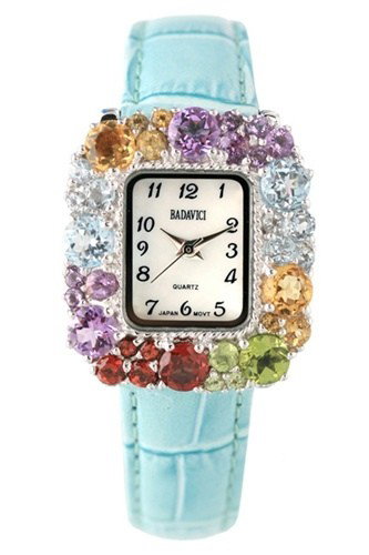 BADAVICI MULTI-GEMSTONE BEZEL WATCH: WOMEN'S BADAVICI MULTI-GEMSTONE BEZEL WATCH - SKY BLUE LEATHER BAND - SILVER-TONE PLATINUM RHODIUM PLATING FINISH - STAINLESS STEEL CASE-BACK - MOTHER OF PEARL DIAL WITH SILVER TONE ROMAN NUMERALS AT