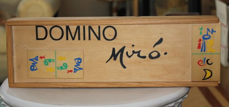 BOXED SET OF MIRO DOMINOES WITH JOAN MIRO ART: BOXED SET OF MIRO DOMINOES WITH JOAN MIRO ART - JOAN MIRO ART REPLACES THE DOTS ON THE "D EACH TILE = 4"L X 2"W- PRODUCED IN BARCELONA SPAIN