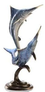 DOUBLE MARLIN BRONZE SCULPTURE: DOUBLE MARLIN BRONZE SCULPTURE - 9"H 5.5"W 3.5 "D - GREAT ATTENTION TO DETAIL - BEAUTIFUL FINISH - LOST CAST WAX