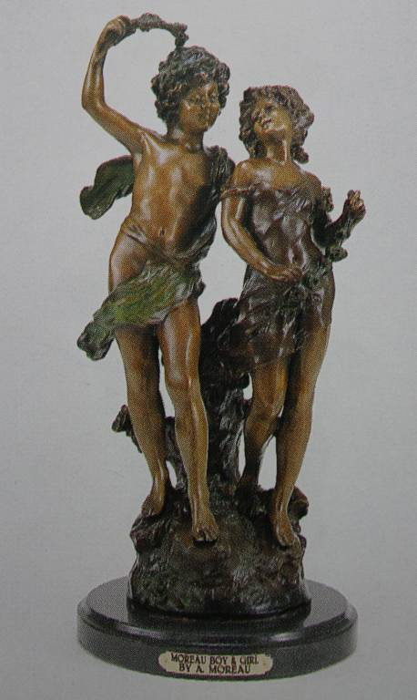 "YOUNG LOVERS" BRONZE SCULPTURE - A. MOREAU : "YOUNG LOVERS" BRONZE SCULPTURE - AFTER A. MOREAU - BEAUTIFUL COLOR PATINA - MOUNTED ON A FINE ITALIAN MARBLE BASE - BEAUTIFULLY DETAILED - SIGNED - MINT CONDITION - 21"H X 10"W - LOST WAX CAST BRONZE