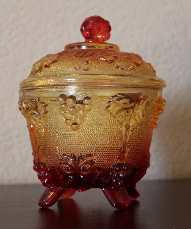 VINTAGE CARNIVAL GLASS LIDDED CANDY DISH: VINTAGE AMBER AND RED CARNIVAL GLASS LIDDED CANDY DISH - 6"H X 4.5" DIAMETER