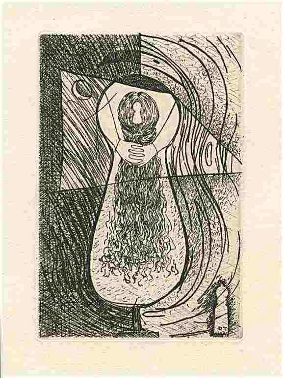 DOROTHEA TANNING ORIGINAL ETCHING: DOROTHEA TANNING ORIGINAL ETCHING. PRINTED IN PARIS BY LACOURIÈRE AND PUBLISHED BY PIERRE À FEU AND MAEGHT EDITEUR FOR THE MARCEL DUCHAMP / ANDRÉ BRETON PROJECT SURRÉALISME EN 1947. PLATE SIZE: 5