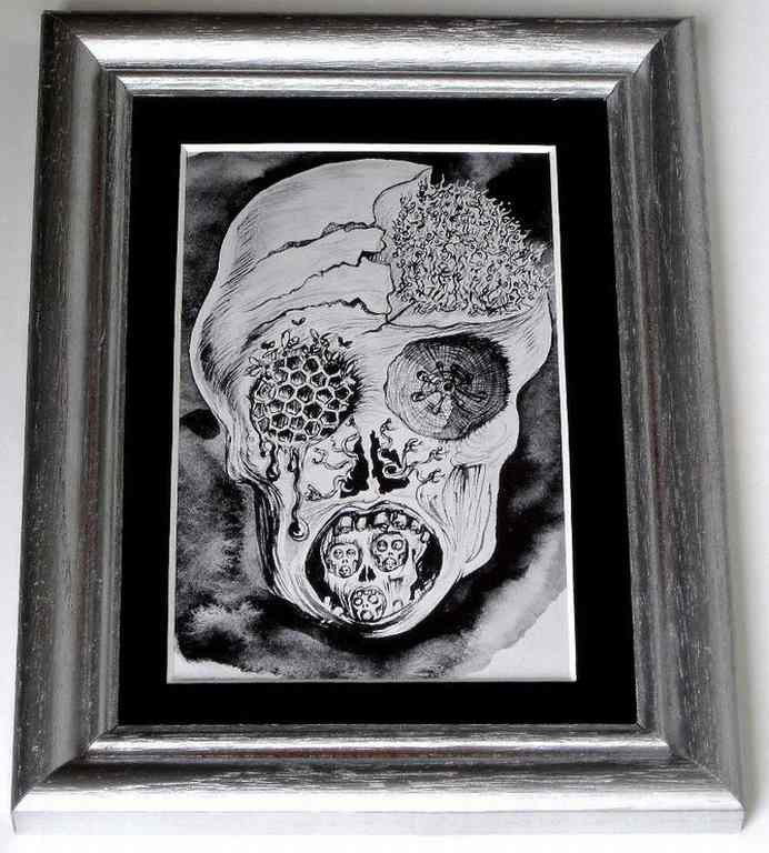 RARE VINTAGE 1973 DALI LITHOGRAPH: RARE VINTAGE 1973 DALI LITHOGRAPH - A DRAWING STUDY FOR "VISION OF WAR" - PROFESSIONALLY FRAMED AND MATTED - SOLID WOOD SILVER FRAME WITH BLACK SUEDE MAT - IMAGE 3.5"X5.5" - FRAMED SIZE 6"X8" - MINT