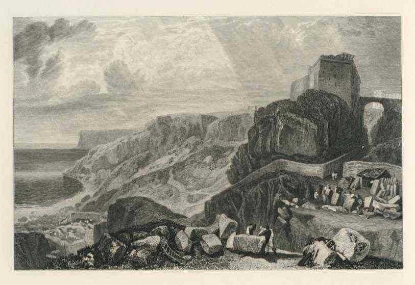 TURNER "BOW-AND-ARROW CASTLE" ENGRAVING: TURNER "BOW-AND-ARROW CASTLE" ENGRAVING . FROM THE RARE PORTFOLIO "PICTURESQUE VIEWS ON THE SOUTHERN COAST OF ENGLAND", PUBLISHED IN PARTS BETWEEN 1814-1826, BY JOHN AND ARTHUR ARCH, LONDON. THE IMAGE