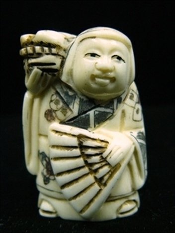 ANTIQUE BONE JAPANESE NETSUKE: HAND CARVED BONE JAPANESE NETSUKE WOMEN - HAND PAINTED WITH SIGNATURE ON BOTTOM - CARVED FROM ONE SOLID PIECE OF BONE - BEAUTIFULLY DETAILED - 2 HOLES IN BACK WHICH ARE USED FOR HANGING - L 1.5"; D 1"