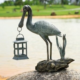 SPOONBILL LANTERN CANDLE HOLDER: SPOONBILL LANTERN CANDLE HOLDER - 17"H 12.5"W 7.5"D - CAST IRON, GLASS & ALUMINUM
