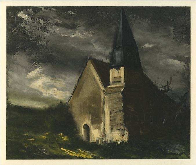 VLAMINCK "CHURCH AT SAINT-LUBIN-DE-CRAVANT" LIT: VLAMINCK "CHURCH AT SAINT-LUBIN-DE-CRAVANT" - LITHOGRAPH. THIS LITHOGRAPH WAS PULLED IN PARIS IN 1958 BY THE LEGENDARY MOURLOT ATELIER, AND PUBLISHED BY ANDRE SAURET. A NICE IMPRESSION, AS CAN BE EXPE