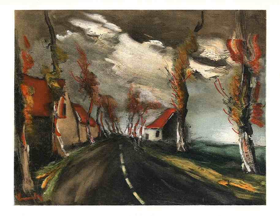 VLAMINCK "THE MORTAGNE ROAD" LITHOGRAPH: VLAMINCK "THE MORTAGNE ROAD" - LITHOGRAPH. THIS LITHOGRAPH WAS PULLED IN PARIS IN 1958 BY THE LEGENDARY MOURLOT ATELIER, AND PUBLISHED BY ANDRE SAURET. A NICE IMPRESSION, AS CAN BE EXPECTED OF MOURLOT