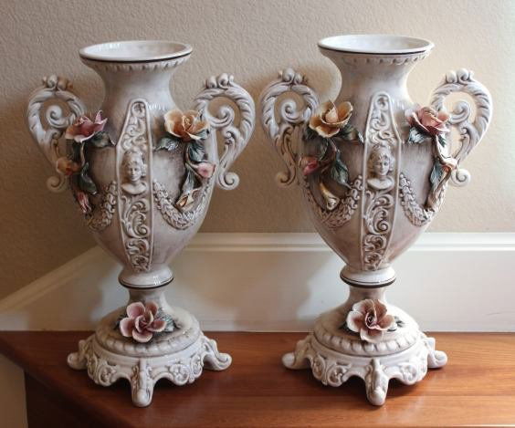PAIR CAPODIMONTE ROSE PORCELAIN VASES - HAND PA: PAIR CAPODIMONTE ROSE PORCELAIN VASES - HAND PAINTED - EACH MEASURES - 18"HX X12"W X 9"D - ADORNED WITH SCUKPTED ROSES AND LADIES BUSTS - MADE BY CAPODIMONTE ITALY