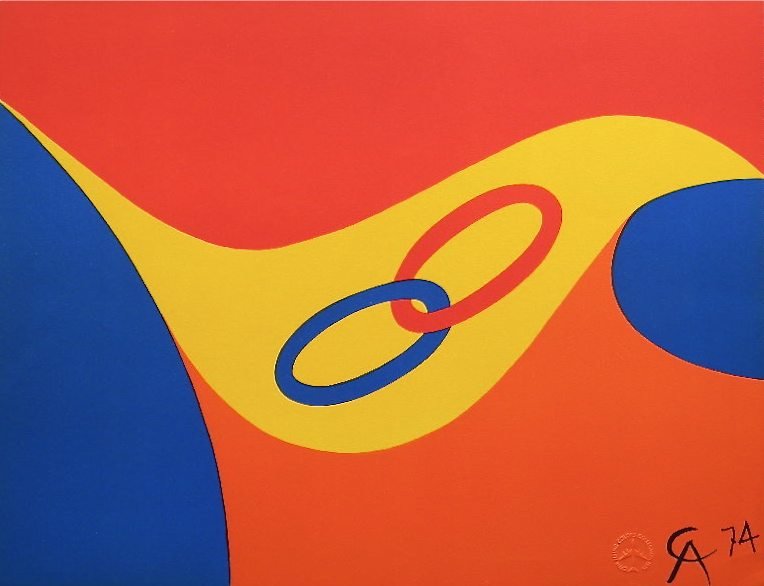 ALEXANDER CALDER ORIGINAL LITHOGRAPH "FRIENDSHI: ALEXANDER CALDER ORIGINAL LITHOGRAPH "FRIENDSHIP" - THIS IS ONE OF THE ORIGINAL COMPOSITIONS EXECUTED BY CALDER FOR THE BRANIFF AIRLINES "FLYING COLORS COLLECTION"; SIX DIFFERENT COMPOSITIONS WERE CRE