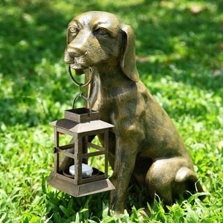 PUPPY LANTERN CANDLE HOLDER: PUPPY LANTERN CANDLE HOLDER - 14.5"H 12.5"W 9.5"D - CAST IRON, GLASS & ALUMINUM