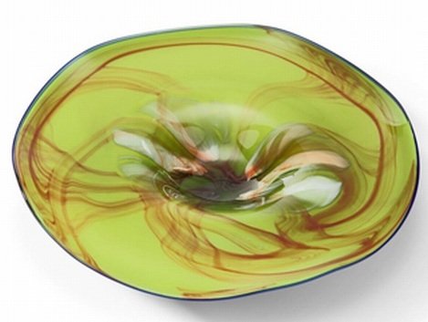 ART GLASS BOWL - UNIQUELY HAND CRAFTED: ART GLASS BOWL - UNIQUELY HAND CRAFTED - 3.5"H x 15.5" DIAMETER - GREEN & RED/BROWN TONES