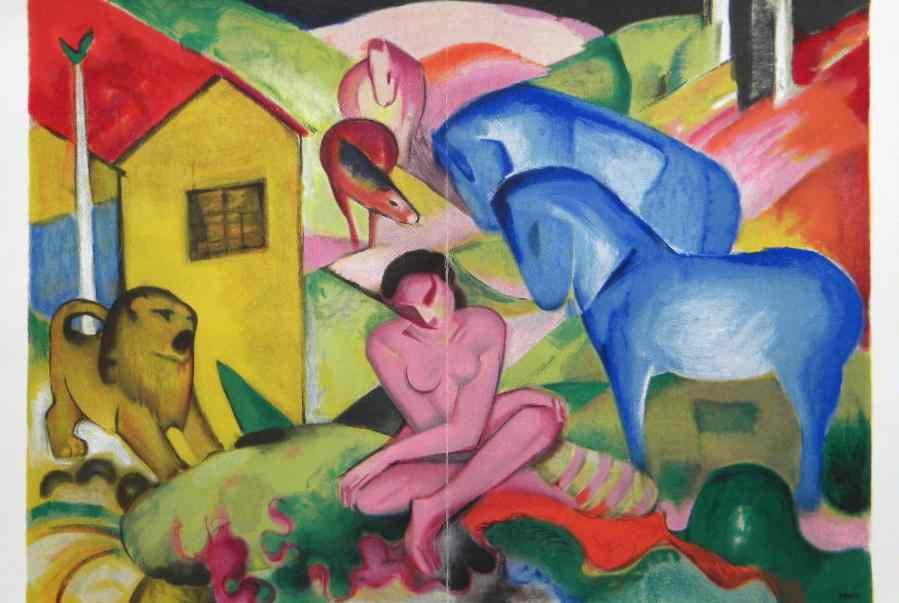 FRANZ MARC "LE REVE" (THE DREAM) LITHOGRAPH: FRANZ MARC "LE REVE" (THE DREAM) LITHOGRAPH - PUBLISHED IN 1962 BY DERRIÈRE LE MIROIR FOR "DER BLAUE REITER" ISSUE (NO. 133-134). SHEET SIZE: 15 X 22 INCHES; THERE IS TEXT ON VERSO AND A CENTER FOLD,