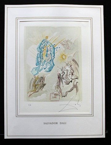 DALI HAND SIGNED ORIG. COLORED WOOD ENGRAVING -: SALVADOR DALI HAND SIGNED COLORED WOOD ENGRAVING - 1960 - CREATED FOR DANTE'S "LA DIVINA COMMEDIA" - ARTIST'S PROOF - HAND SIGNED IN PENCIL BY DALI - NUMBERED IN THE LOWER LEFT CORNER "EA" IN PENCIL -