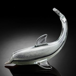 ART GLASS BLACK & CLEAR DOLPHIN: ART GLASS BLACK & CLEAR DOLPHIN - 6"H X 8"W X 4.5"D - HAND CRAFTED