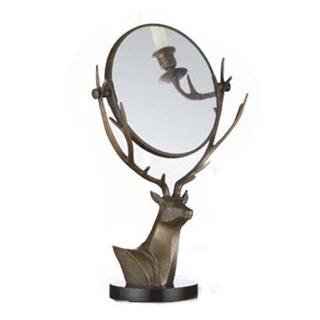 DEER VANITY MIRROR: DEER VANITY MIRROR - 15"H X 9"W X 5"D - BRASS & GLASS ON MARBLE BASE