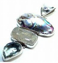Abalone Shell, Black Rutilated Quartz & Green A: .925 Sterling Silver and Abalone Shell, Black Rutilated Quartz & Green Amethyst Pendant - Pure Natural Gemstones