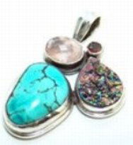 Rose Quartz, Garnet, Titanium Drusy & Turquoise: .925 Sterling Silver and Rose Quartz, Garnet, Titanium Drusy & Turquoise Pendant - Pure Natural Gemstones