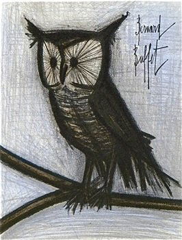 BUFFET ORIGINAL LITHOGRAPH "THE LITTLE OWL": BERNARD BUFFET ORIGINAL LITHOGRAPH "THE LITTLE OWL" - PRINTED IN PARIS IN 1968 BY THE LEGENDARY MOURLOT ATELIER. SHEET SIZE: 12 1/4 X 9 1/2 INCHES (310 X 240 MM) SIGNED IN THE STONE - PROFESSIONALLY F