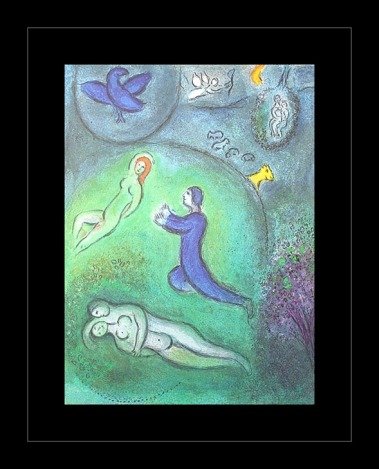 CHAGALL 1977 "DAPHNIS AND CHLOE" LITHOGRAPH: CHAGALL 1977 "DAPHNIS AND CHLOE" LITHOGRAPH - "DAPHNIS AND LYCOENIUM" BY MARC CHAGALL FROM THE "DAPHNIS AND CHLOE" COLLECTION - PUBLISHED IN 1977 BY GEORGE BRAZILLER - APPROX. IMAGE SIZE: 9.5 X 12.75 