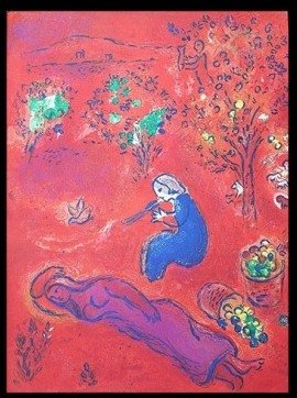 CHAGALL 1977 "DAPHNIS AND CHLOE" LITHOGRAPH: CHAGALL 1977 "DAPHNIS AND CHLOE" LITHOGRAPH - "MID-DAY IN SUMMERTIME" BY MARC CHAGALL FROM THE "DAPHNIS AND CHLOE" COLLECTION - PUBLISHED IN 1977 BY GEORGE BRAZILLER (BOOK PLATE) - APPROX. IMAGE SIZE: