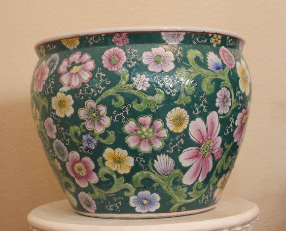 HAND PAINTED PORCELAIN FISH POT: HAND PAINTED PORCELAIN FISH POT - 10"H X 13" DIAMETER - TEXTURED DESIGN -