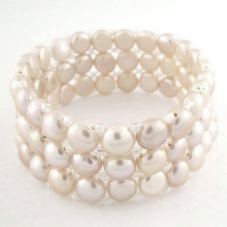 PINK & WHITE PEARL BRACELET: 3 ROW PINK & WHITE PEARL BRACELET - GENUINE 7MM FRESH WATER PEARLS - 7" STRECH BRACELET