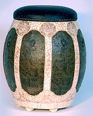 HAND CARVED BONE STOOL: HAND CARVED BONE STOOL - 15.5" DIAM x 19"H - INTRICATE DESIGN - GREAT DETAIL