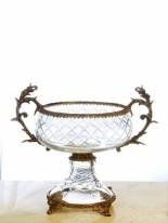 DIAMOND SHAPED CRYSTAL BOWL WITH BRASS ACCENTS: FINE ITALIAN LEAD CRYSTAL - HAND-CUT DESIGN - BRASS ACCENTS - 11X10