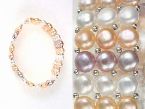 TRI COLOR PEARL BRACELET: 3 ROW TRI COLOR PEARL BRACELET (BLACK, PINK AND WHITE) - GENUINE 7MM FRESH WATER PEARLS - 7" STRECH BRACELET - STERLING SILVER ACCENT BEADS