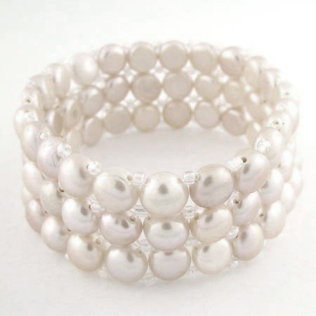 WHITE PEARL BRACELET: 3 ROW WHITE PEARL BRACELET - GENUINE 7MM FRESH WATER PEARLS - 7" STRECH BRACELET