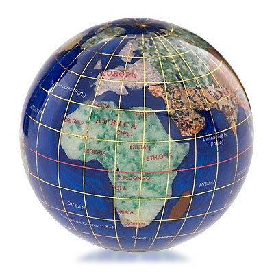 KALIFANO GEMSTONE GLOBE PAPERWEIGHT: ALEXANDER KALIFANO GEMSTONE GLOBE PAPERWEIGHT - 3" DIAMETER - CARIBBEAN BLUE GLOBE