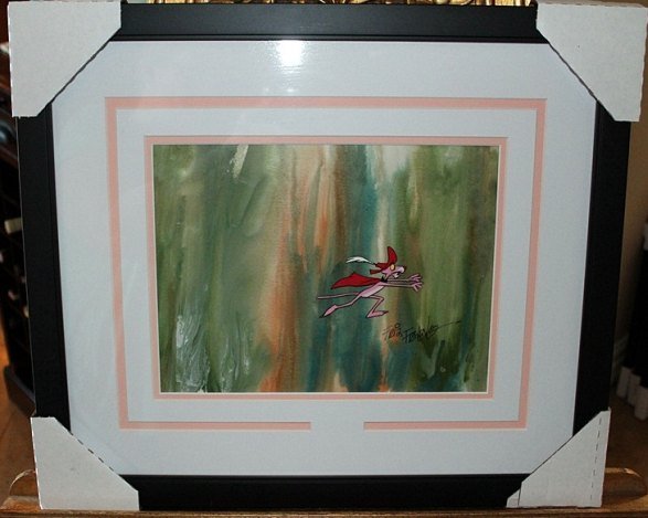 FRIZ FREELING HAND PAINTED / SIGNED ANIMA. CELL: ISADORE "FRIZ" FRELENG (1906-1995) HAND PAINTED AND HAND SIGNED ANIMATION CELL ALSO WITH HAND PAINTED BACKGROUND - "PINK PANTHER" - PROFESSIONALLY FRAMED AND MATTED - AUTHENTICATION WITH SEAL ON FRONT