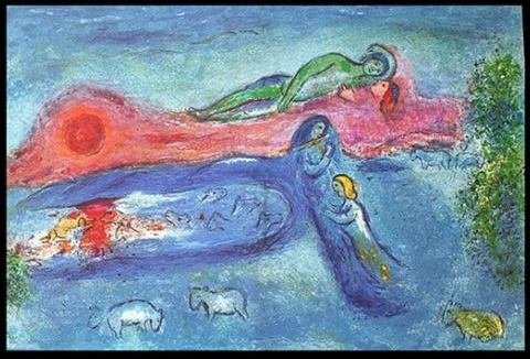 CHAGALL 1977 "DAPHNIS AND CHLOE" LITHOGRAPH: CHAGALL 1977 "DAPHNIS AND CHLOE" LITHOGRAPH - "DORCON'S DEATH" BY MARC CHAGALL FROM THE "DAPHNIS AND CHLOE" COLLECTION - PUBLISHED IN 1977 BY GEORGE BRAZILLER (BOOK PLATE) - APPROX. IMAGE SIZE: 18.5 X