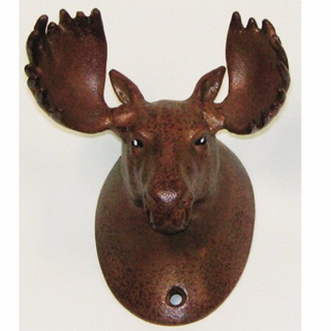 MOOSE HEAD COAT HOOK: MOOSE HEAD COAT HOOK - CAST IRON - 4.5"H X 3.5"W - VERDE BROWN FINISH