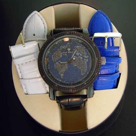 MEN'S ICE MAXX DIAMOND BEZEL WATCH: MEN'S ICE MAXX DIAMOND BEZEL WORLD WATCH-LARGE HEAVY MASCULINE STYLE DIAMOND DRESS WATCH-12 GENUINE DIAMONDS MARKERS SET IN THE BEZEL-HIGH POLISH BLACK STAINLESS STEEL BODY-LARGE 2" INCH WORLD FACE-LU