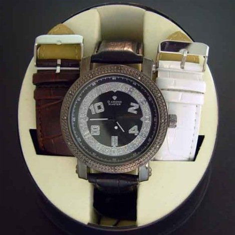 MEN'S DIAMOND MASTER DIAMOND BEZEL WATCH: MEN'S DIAMOND MASTER DIAMOND BEZEL WATCH-LARGE HEAVY MASCULINE STYLE DIAMOND DRESS WATCH-12 GENUINE DIAMONDS MARKERS SET IN THE BEZEL-HIGH POLISH ANTIQUE SHEEN STAINLESS STEEL BODY-LARGE 2" INCH FACE-