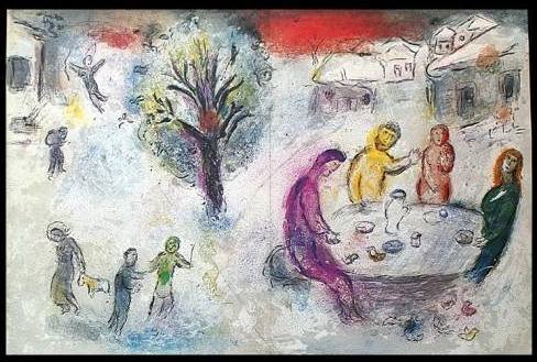 CHAGALL 1977 "DAPHNIS AND CHLOE" LITHOGRAPH: CHAGALL 1977 "DAPHNIS AND CHLOE" LITHOGRAPH - "THE MEAL AT DRYAS' HOUSE" BY MARC CHAGALL FROM THE "DAPHNIS AND CHLOE" COLLECTION - PUBLISHED IN 1977 BY GEORGE BRAZILLER (BOOK PLATE) - APPROX. IMAGE SI