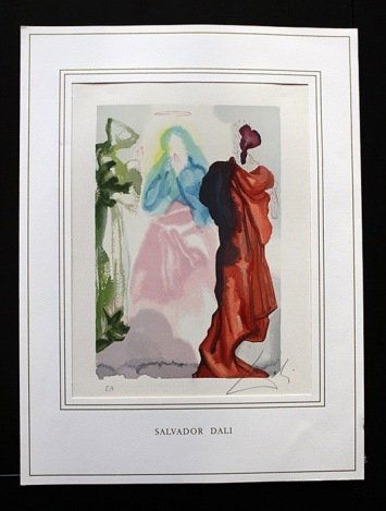 DALI HAND SIGNED ORIG. COLORED WOOD ENGRAVING - 1960: SALVADOR DALI HAND SIGNED COLORED WOOD ENGRAVING - 1960 - CREATED FOR DANTE'S "LA DIVINA COMMEDIA" - ARTIST'S PROOF - HAND SIGNED IN PENCIL BY DALI - NUMBERED IN THE LOWER LEFT CORNER "EA" IN PENCIL -