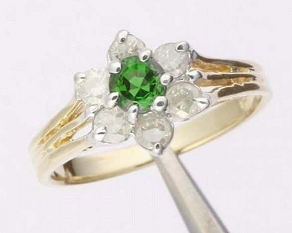 1 CTW. EMERALD & DIAMOND 10K GOLD RING: 1 CTW. CREATED EMERALD & DIAMOND 10KY GOLD RING - 1/2 CT. GENUINE BRILLIANT ROUND CUT CREATED EMERALD - 1/2 CTW. GENUINE BRILLIANT ROUND CUT DIAMONDS - METAL STAMP: 10K