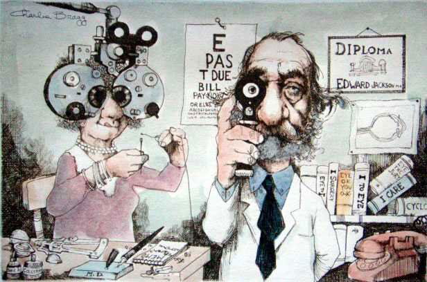 CHARLES BRAGG "OPHTHALMOLOGIST" HAND SIGNED LITHOGRAPH: CHARLES BRAGG - PENCIL SIGNED LITHOGRAPH ON HEAVY ARCHIVAL WOVE PAPER - HAND-COLORED WITH WATERCOLOR - PAPER SIZE APPROX. 11-1/2 X 14-1/2 - PROFESSIONALLY FRAMED AND MATTED - MINT