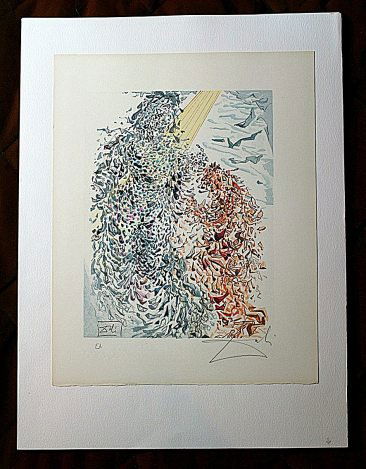 DALI HAND SIGNED ORIG. COLORED WOOD ENGRAVING - 1960: SALVADOR DALI HAND SIGNED COLORED WOOD ENGRAVING - 1960 - CREATED FOR DANTE'S "LA DIVINA COMMEDIA" - ARTIST'S PROOF - HAND SIGNED IN PENCIL BY DALI - NUMBERED IN THE LOWER LEFT CORNER "EA" IN PENCIL -