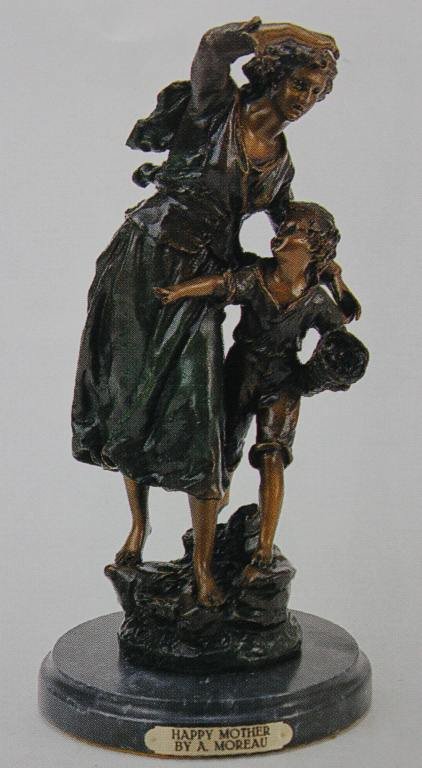 "HAPPY MOTHER" BRONZE SCULPTURE - A. MOREAU: "HAPPY MOTHER" BRONZE SCULPTURE - AFTER A. MOREAU - MUSEUM BROWN FINISH - MOUNTED ON A FINE ITALIAN MARBLE BASE - BEAUTIFULLY DETAILED - SIGNED - MINT CONDITION - APPX. 17"H X 6"W - LOST WAX CAST BRON