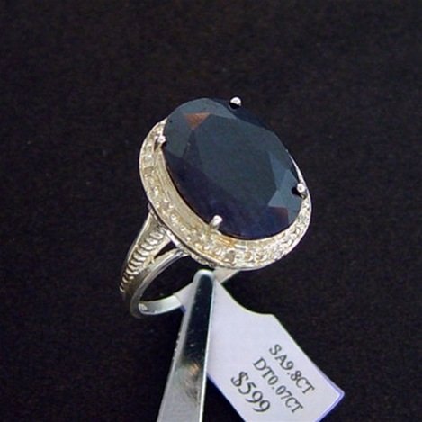 9.8 CT. SAPPHIRE & DIAMOND RING - STERLING: LARGE 9.8 CT. GENUINE SAPPHIRE AND DIAMOND RING IN STERLING SILVER - FACETED OVAL CUT CENTER SAPPHIRE WITH DIAMOND ACCENT GEMS - METAL STAMP: .925 - NO TARNISH RHODIUM PLATINUM FINISH